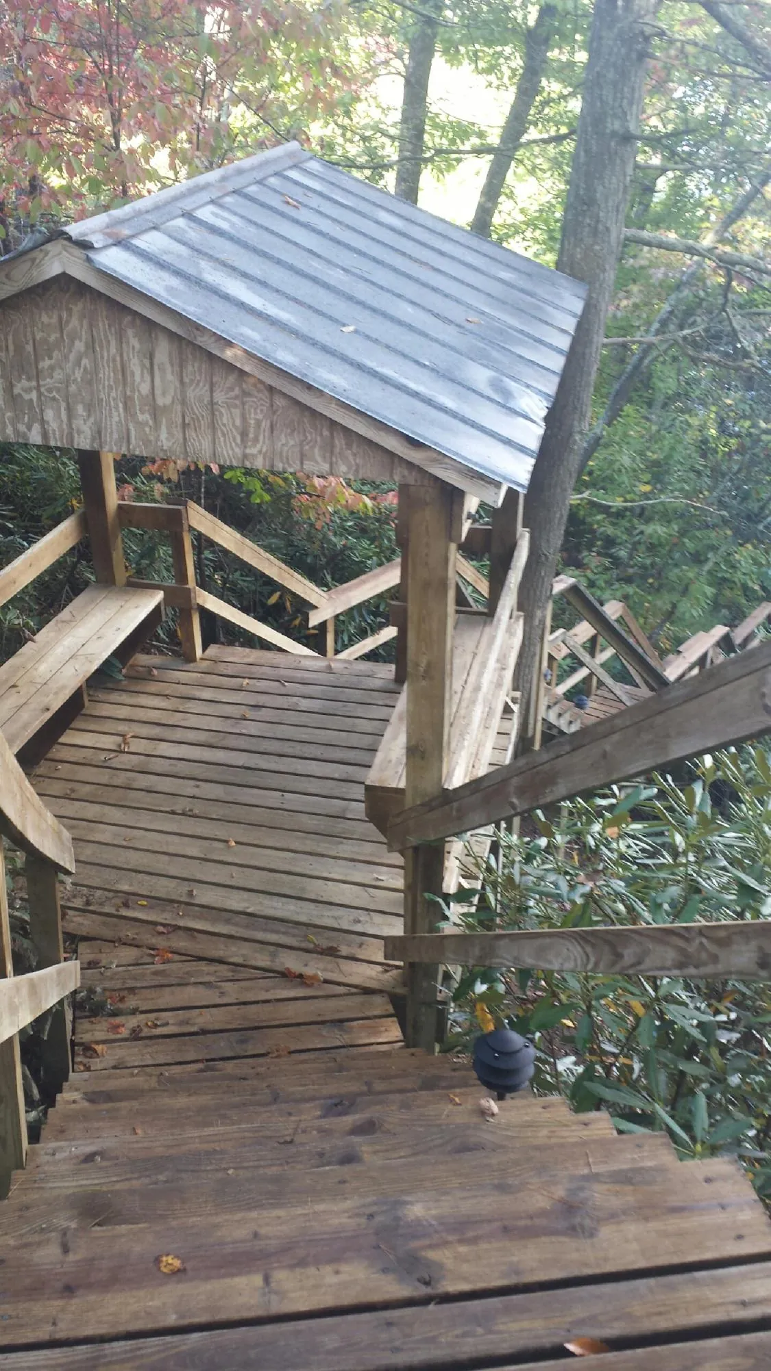 Metal roofed shelter over wooden steps on a wooded walkway — Skylight Repair & Installation work by our crew in Weldona